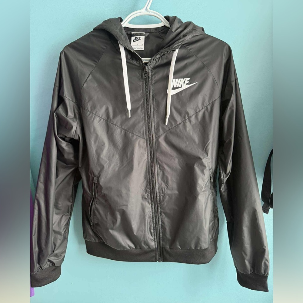 Nike Black Windbreaker with White Swoosh and Drawstrings